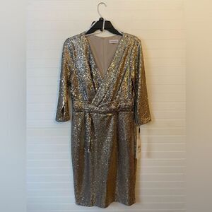 Calvin Klein Sequin Faux Wrap V Neck Knee Length Dress Size 10 NWT
